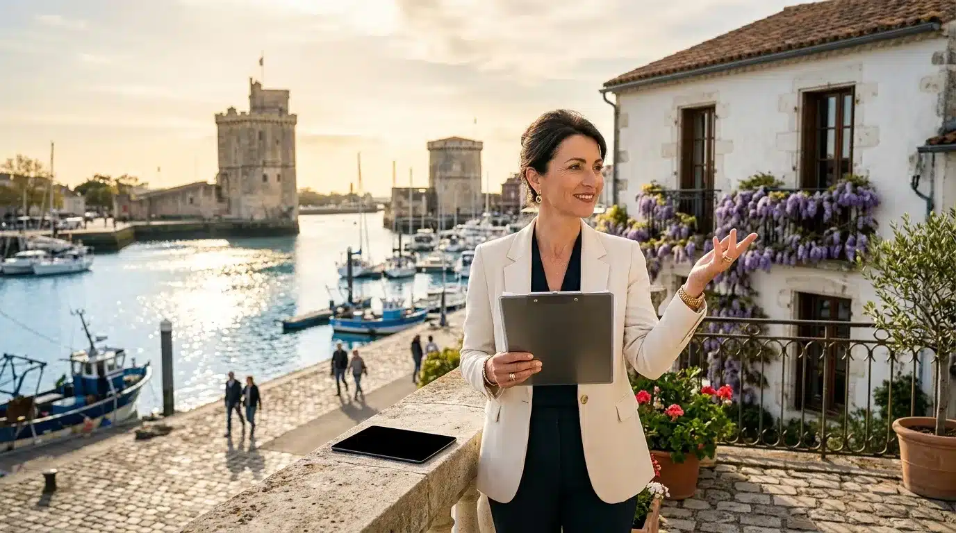 Femme avec tablette devant le port de La Rochelle