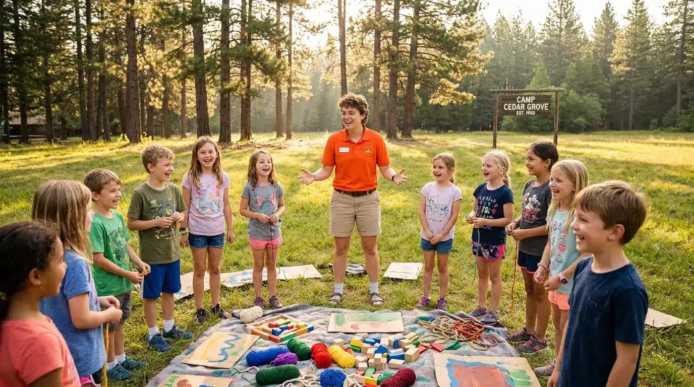 Moniteur encadrant des enfants lors d'activités artisanales en forêt
