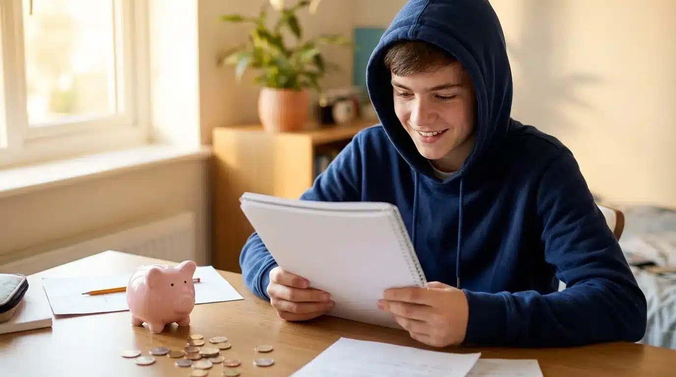 Jeune garçon consulte tablette près tirelire et pièces monnaie
