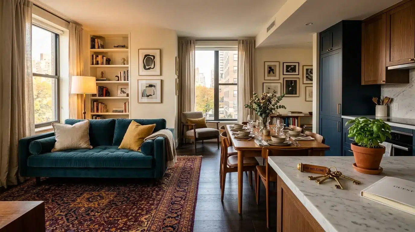 Salon-cuisine contemporain avec canapé bleu et mobilier bois