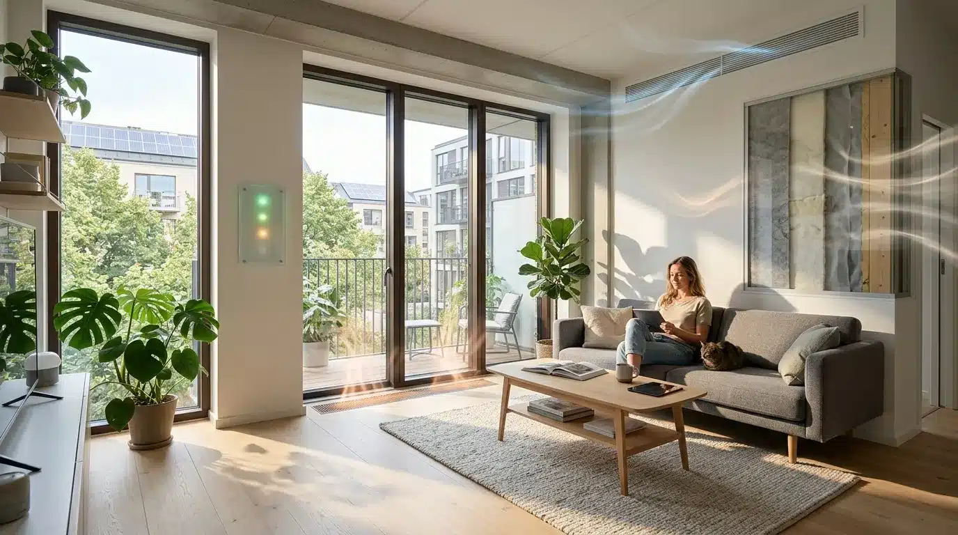 Femme travaillant sur canapé dans appartement lumineux avec balcon