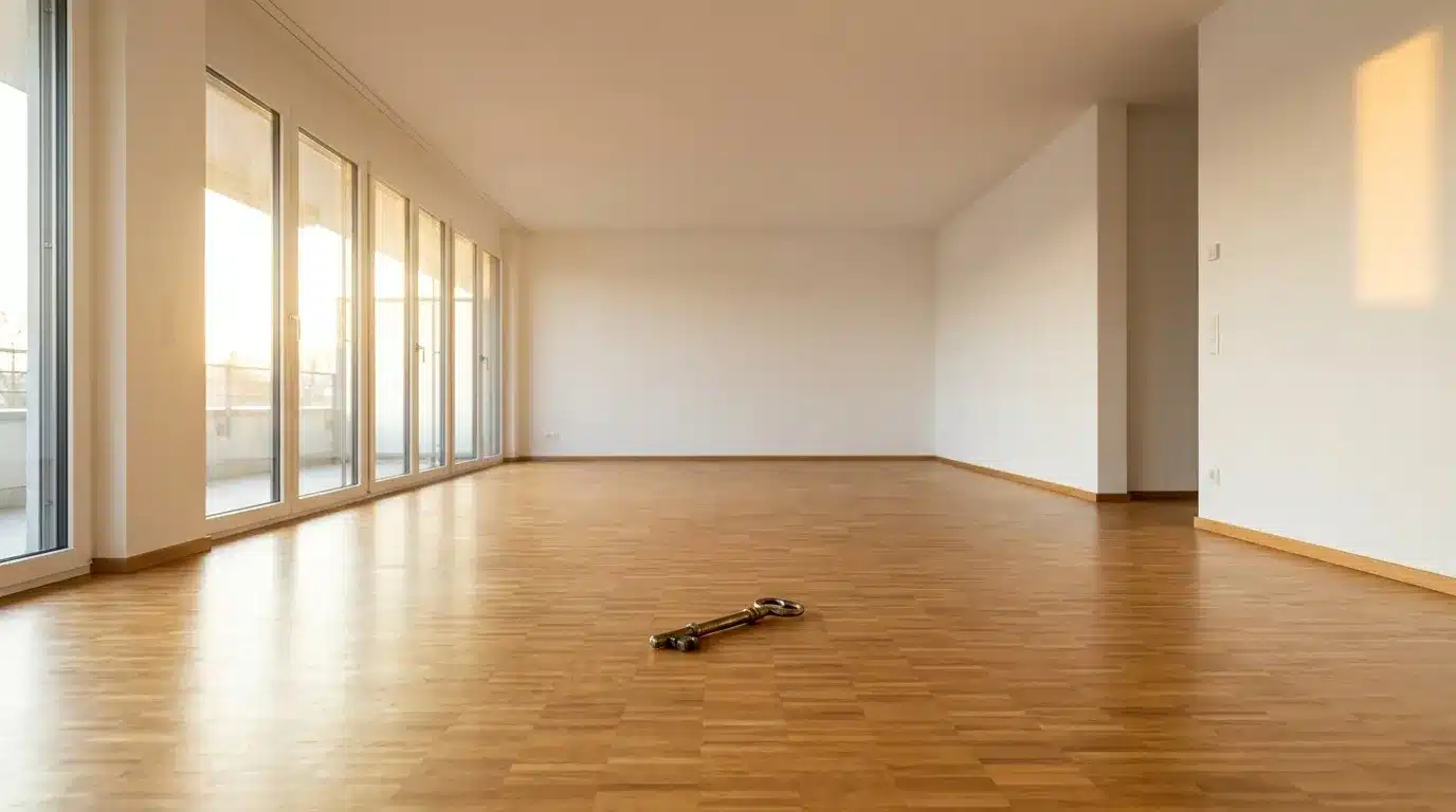 Pièce vide avec parquet, baies vitrées et clé sur sol