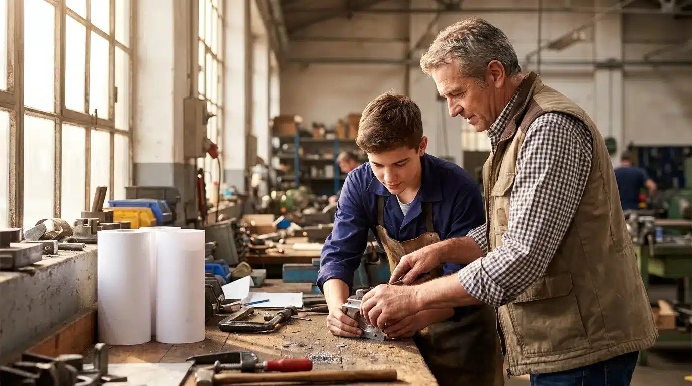 Un maître artisan enseigne à un jeune apprenti dans son atelier.