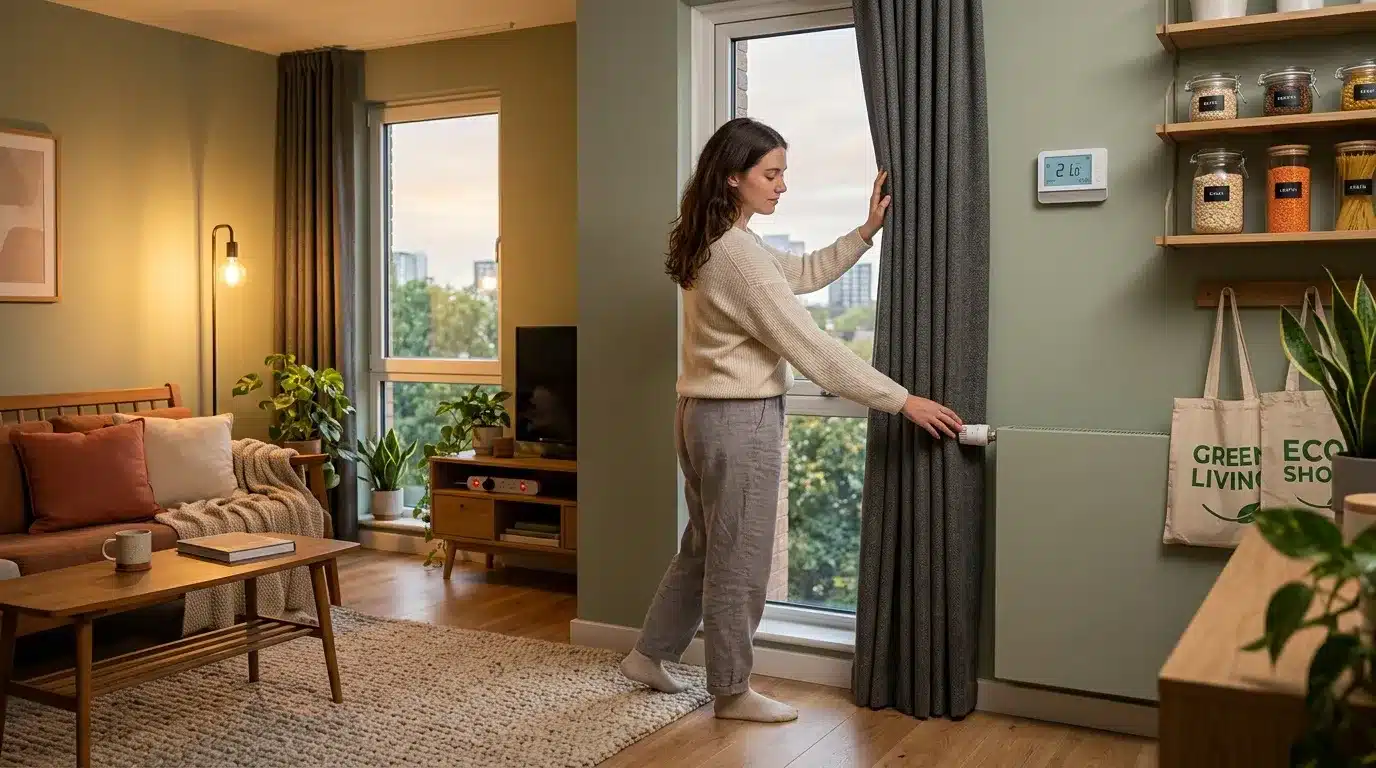 Femme ajustant le thermostat intelligent de son appartement moderne