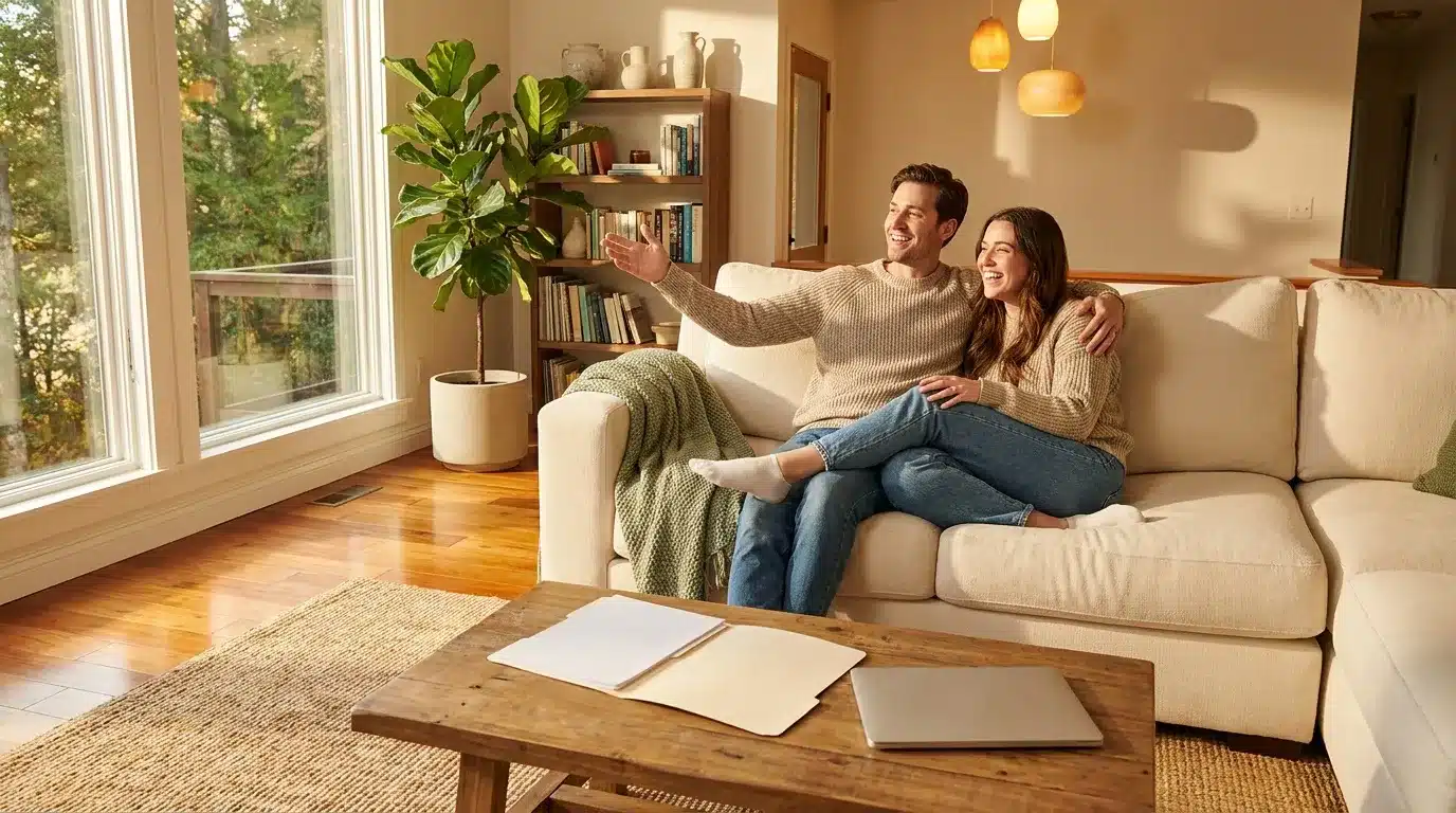 Couple assis sur canapé beige dans un salon moderne et lumineux