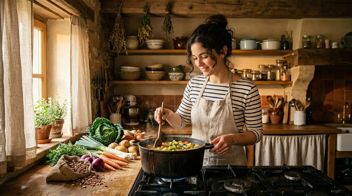 Femme cuisinant des légumes frais dans une cuisine campagnarde chaleureuse