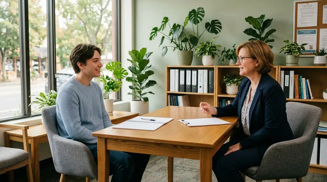 Deux personnes en discussion à table de bureau avec plantes vertes