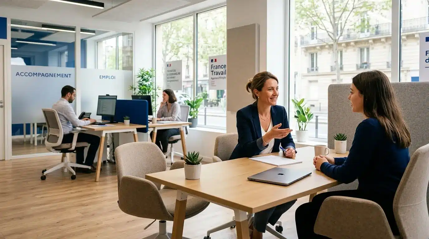 Deux femmes en discussion professionnelle dans un bureau contemporain