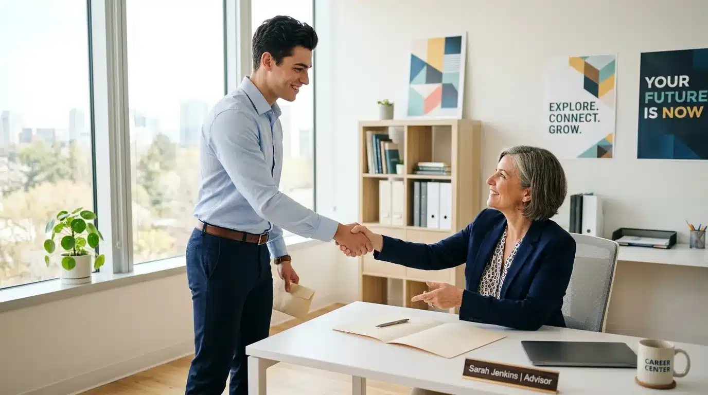 Deux professionnels se serrent la main dans un bureau lumineux.
