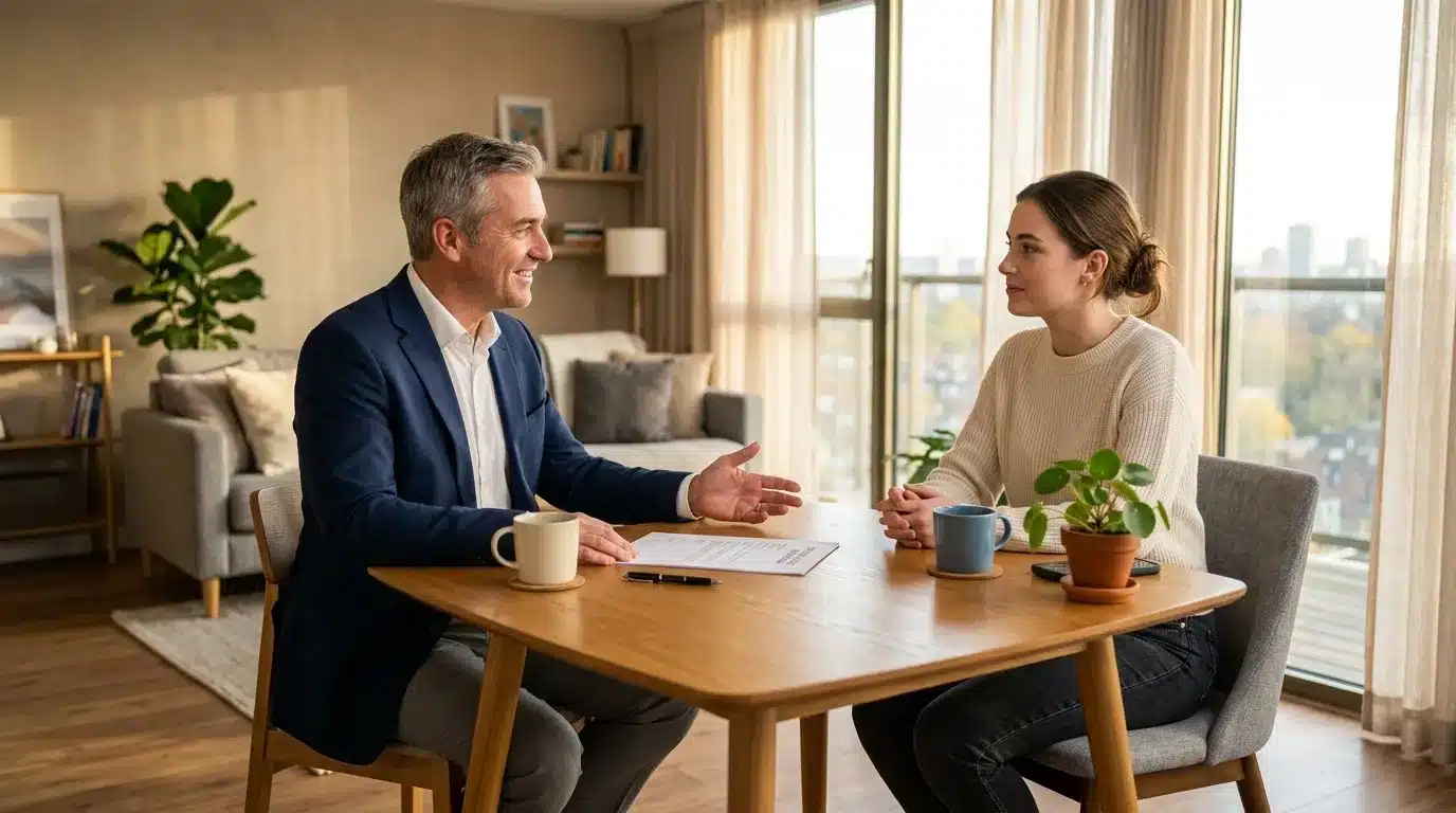 Homme et femme en discussion autour d'une table de travail