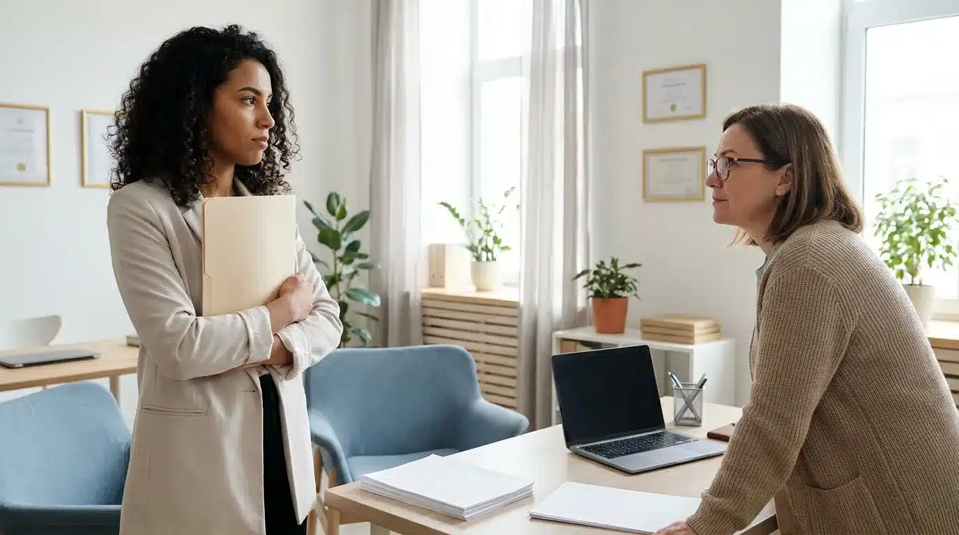 Deux femmes en discussion professionnelle dans un bureau moderne