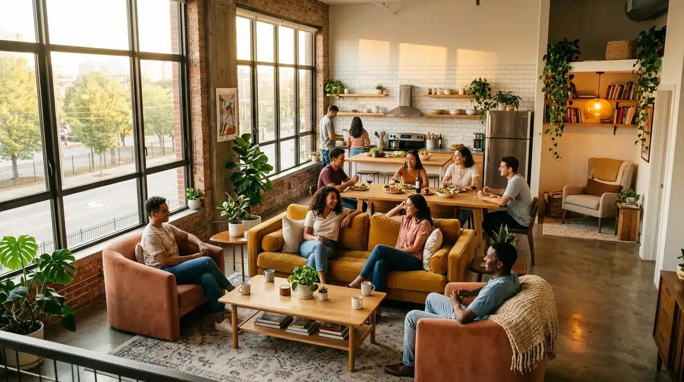 Groupe de personnes dans un loft spacieux avec cuisine et salon.