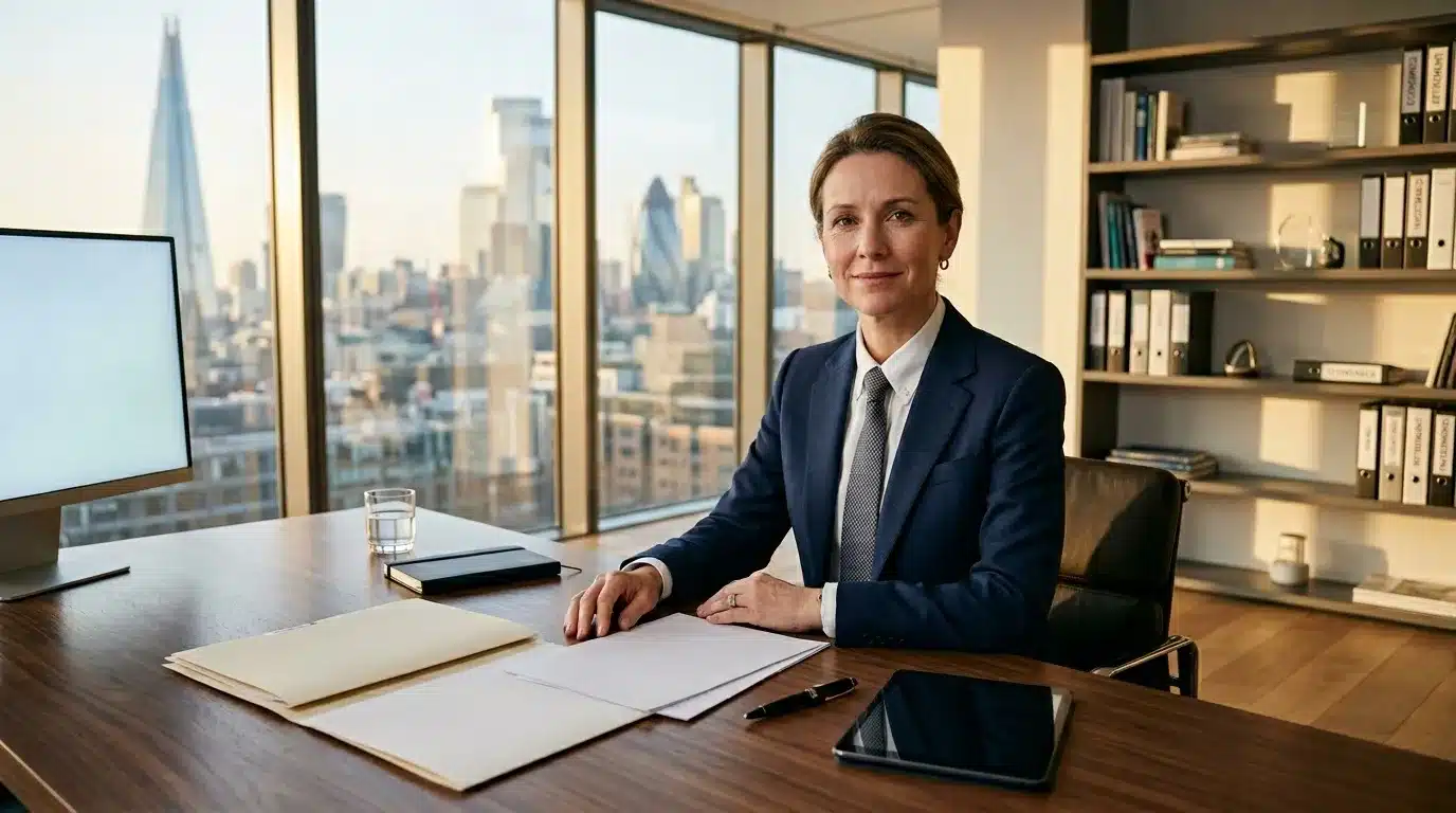 Femme en costume professionnel assise à son bureau avec vue sur gratte-ciel