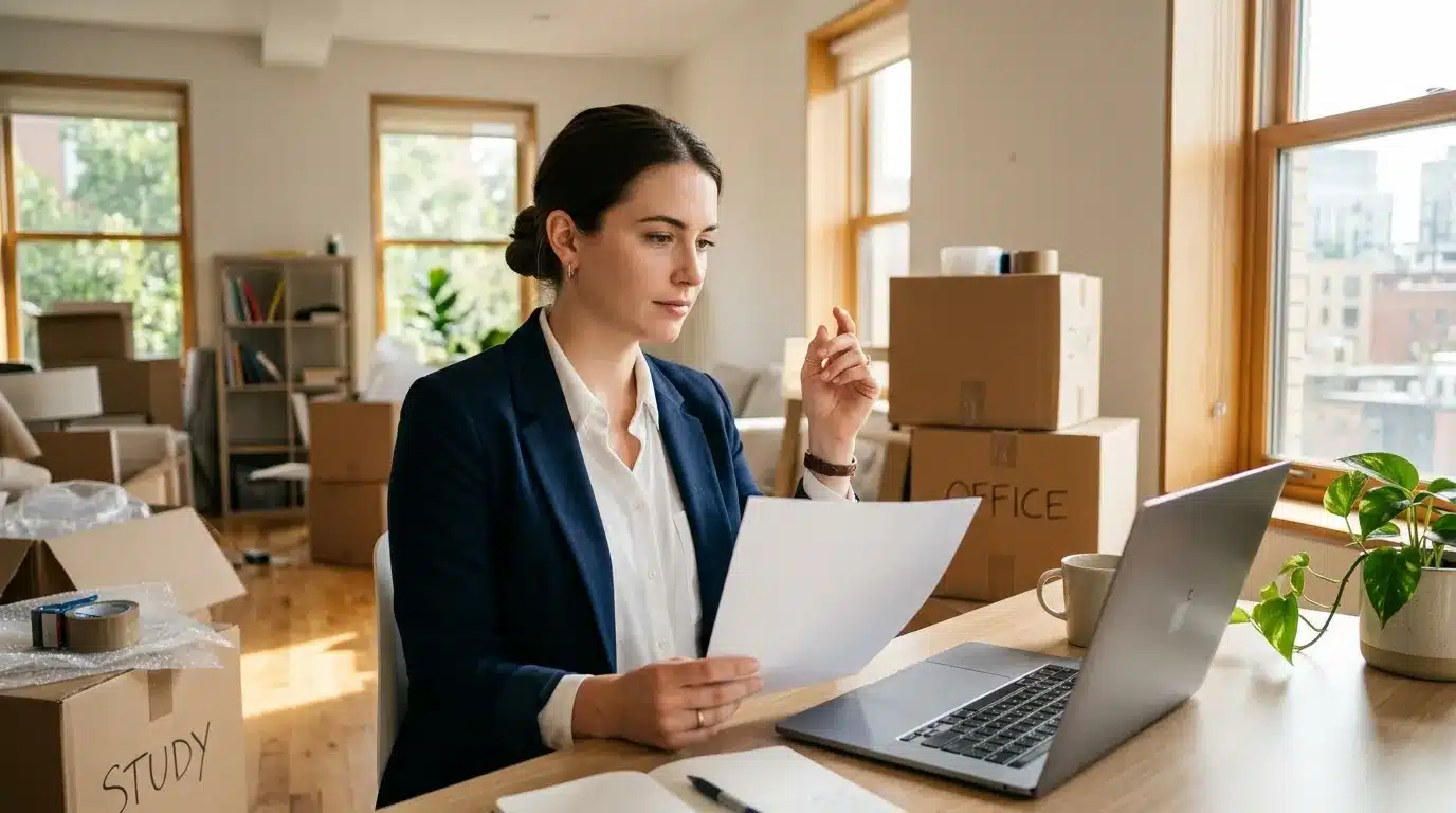 Femme en blazer bleu travaillant sur laptop entourée de cartons de déménagement