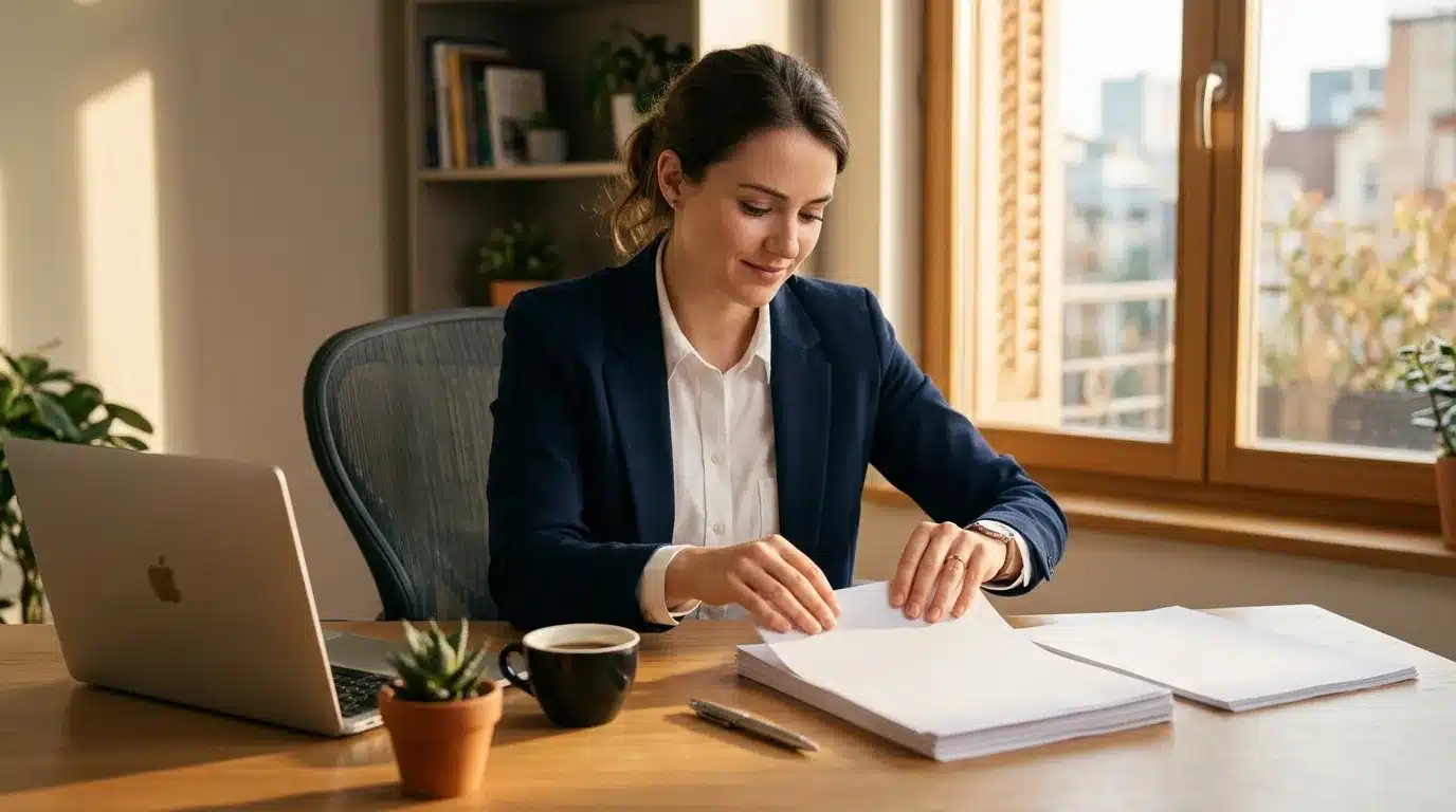 Femme en blazer bleu examinant des documents au bureau