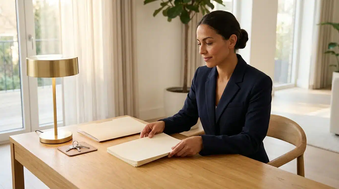Femme en blazer noir consultant des documents à son bureau