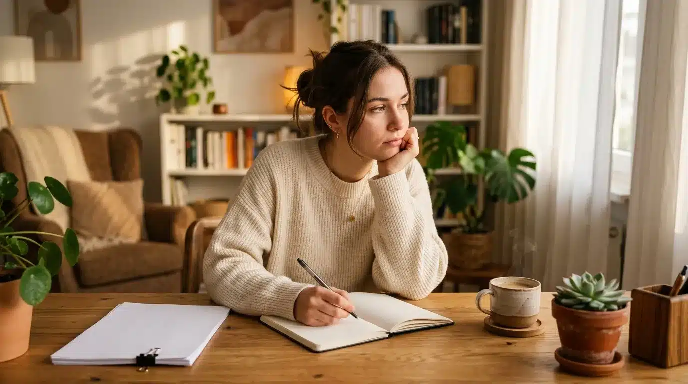 Femme pensive écrit dans un carnet à son bureau en bois.