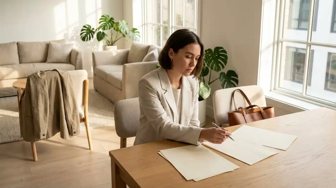 Femme en blazer beige signant des papiers à son bureau