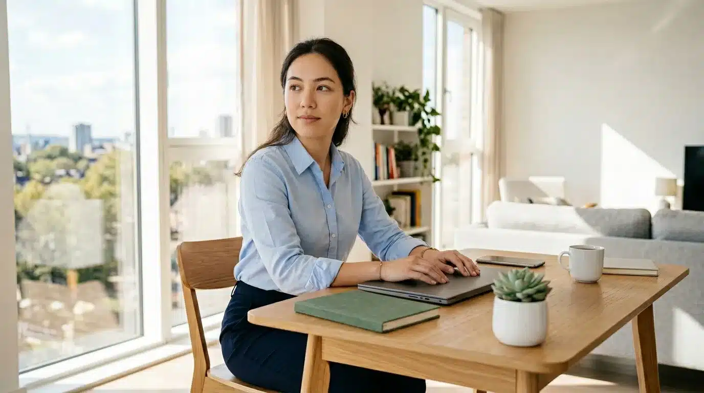Femme en chemise bleue travaillant à son bureau avec vue sur la ville