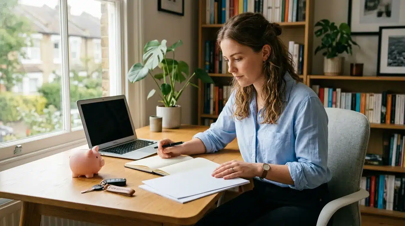 Femme en chemise bleue travaille à son bureau avec un ordinateur portable