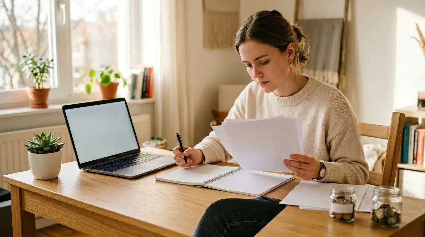 Femme écrivant à son bureau avec ordinateur portable