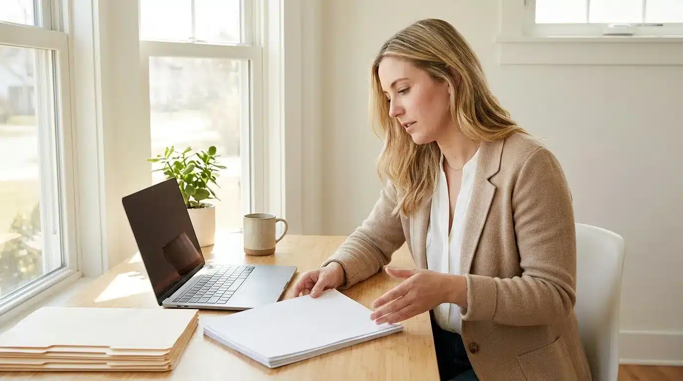Femme en blazer beige travaille à son bureau avec laptop