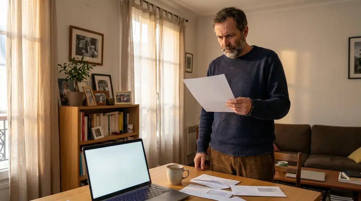 Homme lisant un document près d'un ordinateur portable