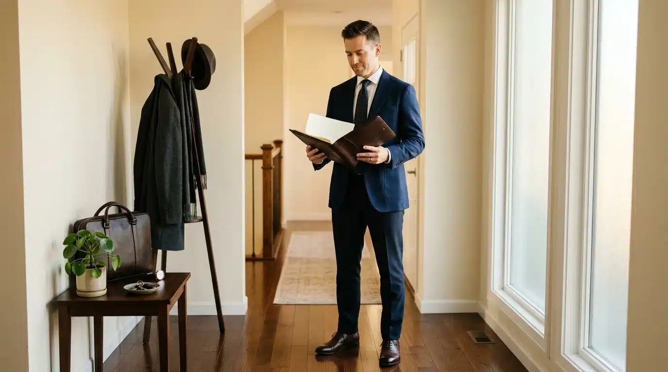 Homme en costume bleu examine des documents dans un couloir