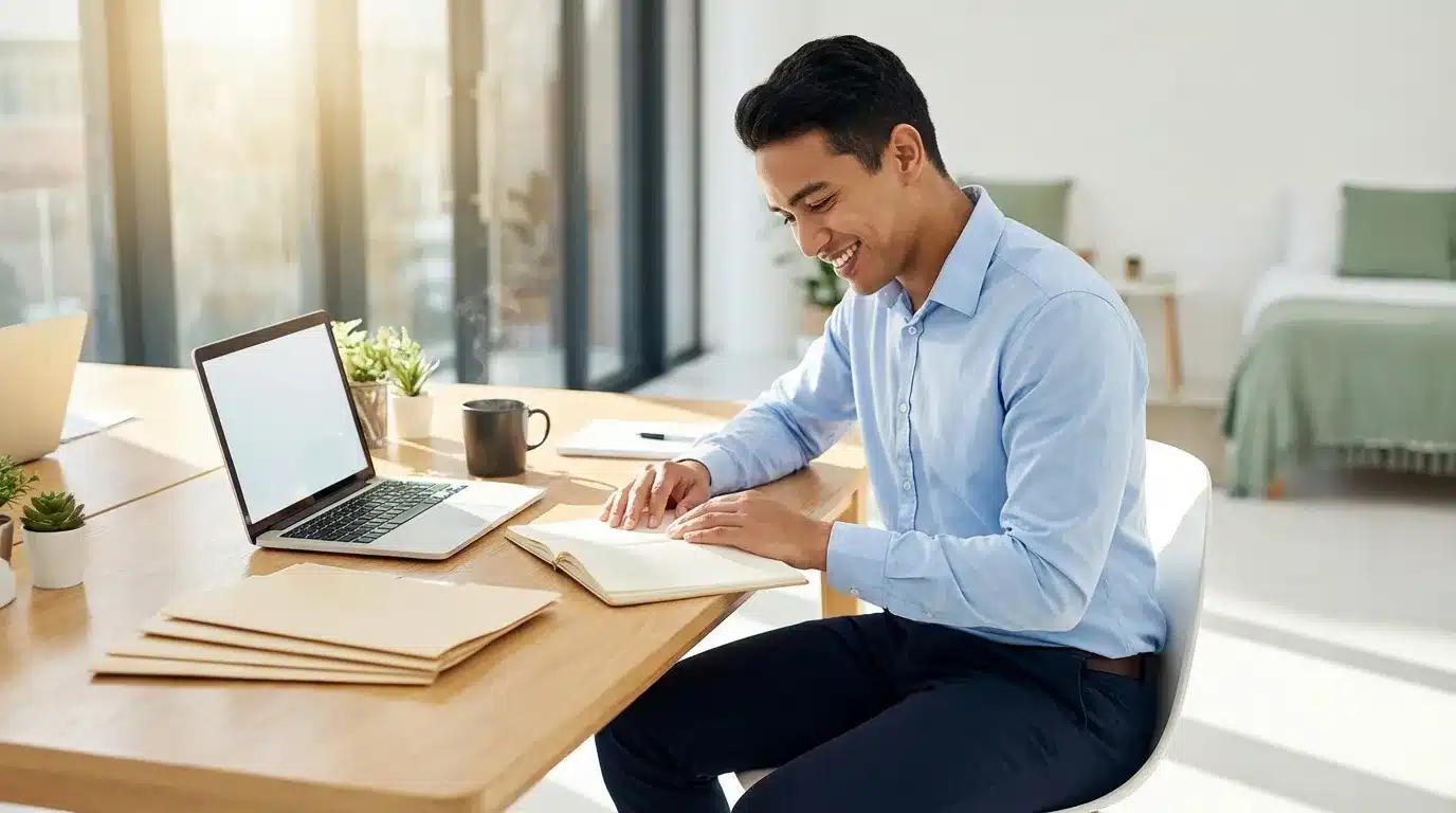 Homme souriant écrivant à son bureau avec ordinateur portable