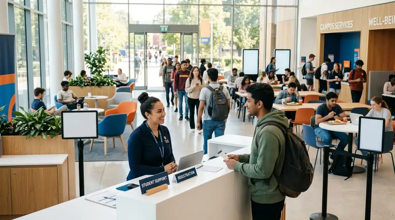 Espace accueil universitaire avec étudiants et personnel d'assistance