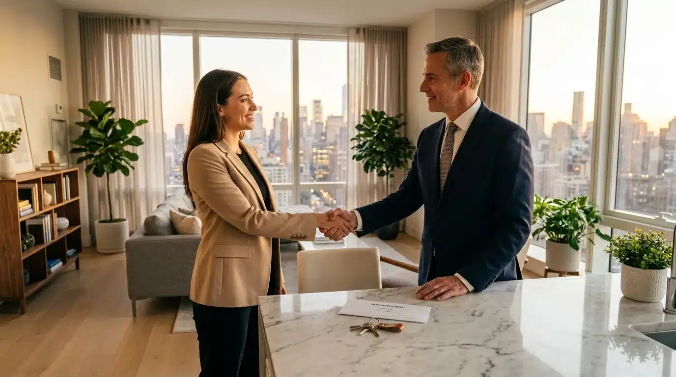 Deux professionnels se serrent la main dans un bureau moderne avec vue sur la ville