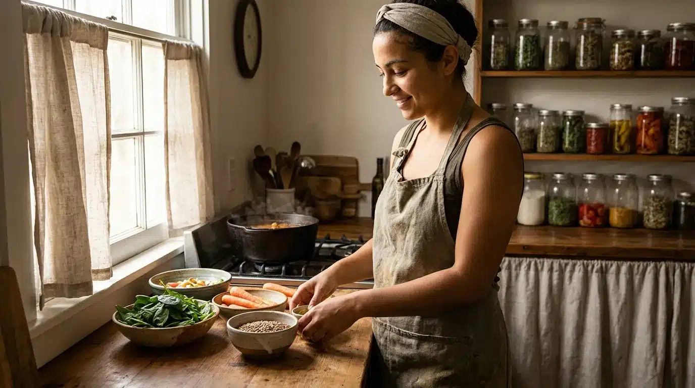 Femme cuisinant avec ingrédients frais dans cuisine rustique