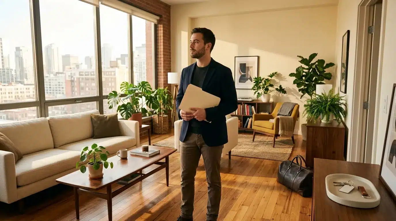 Homme tenant des documents dans un élégant loft urbain