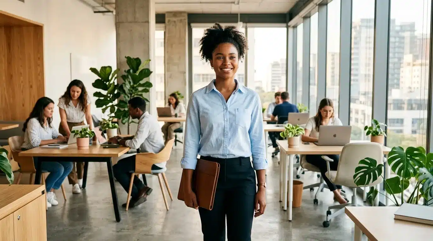 Femme souriante en tenue professionnelle dans un open space lumineux