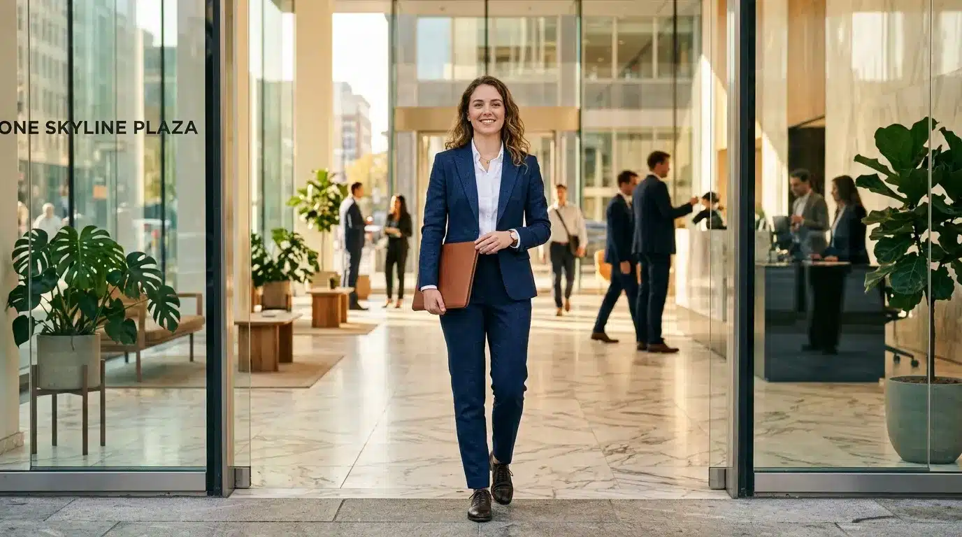 Femme en costume bleu marchant dans un hall d'immeuble