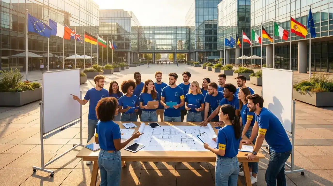 Groupe de jeunes professionnels en bleu discutent autour de plans architecturaux