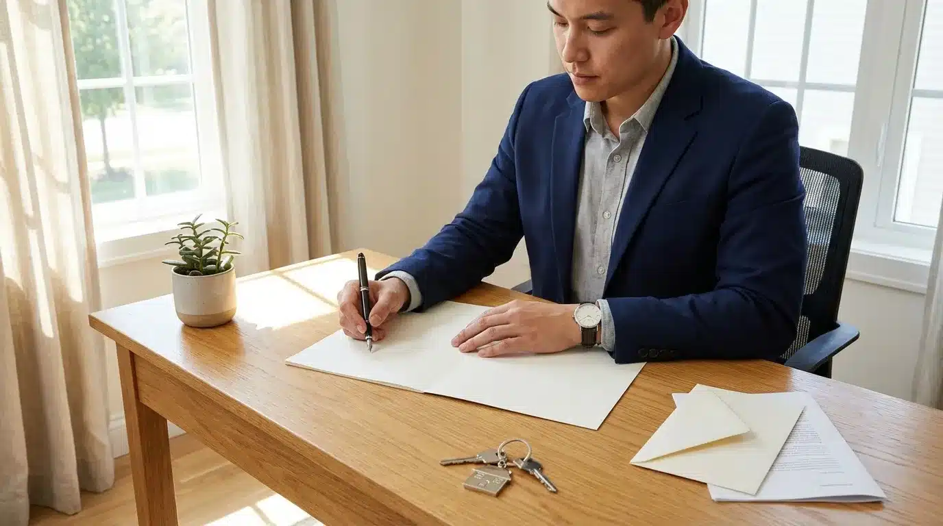 Homme en costume signant un document avec clés immobilières