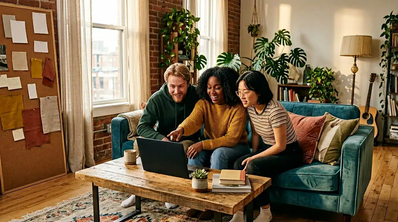 Trois personnes souriantes travaillent ensemble sur un laptop