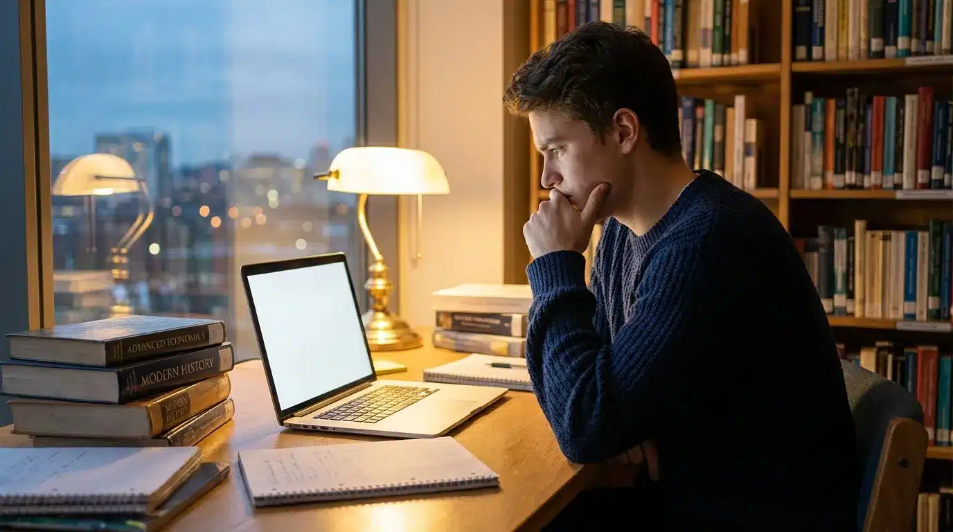Jeune homme travaillant sur ordinateur portable dans bibliothèque moderne