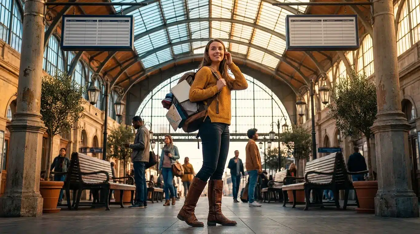 Jeune femme avec bagages dans une gare moderne et lumineuse