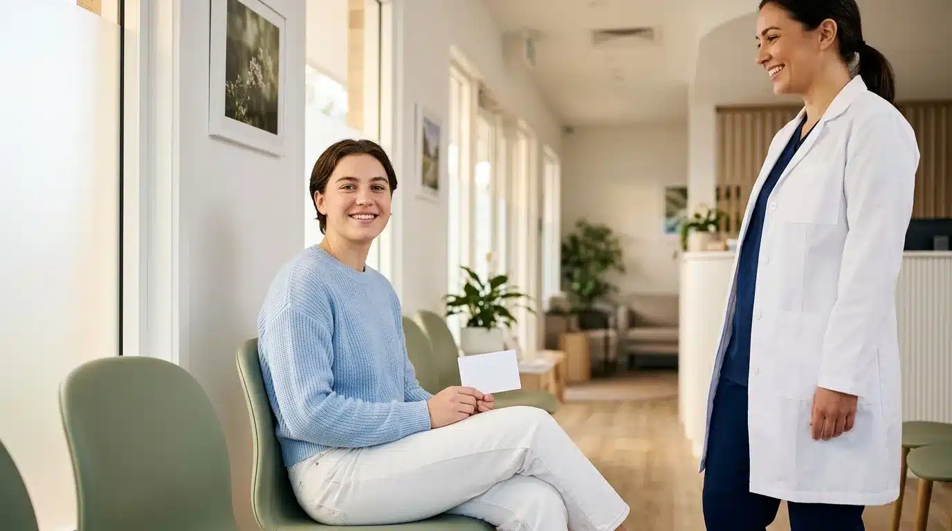 Médecin et patiente souriantes dans couloir médical