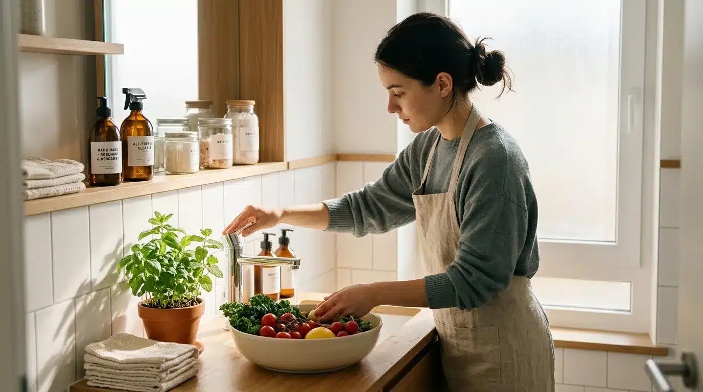Femme préparant des légumes frais dans sa cuisine lumineuse