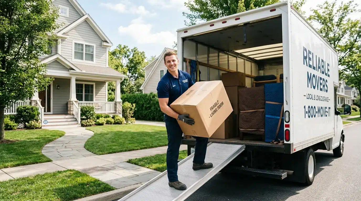 Déménageur en uniforme bleu chargeant un carton dans un camion devant une maison