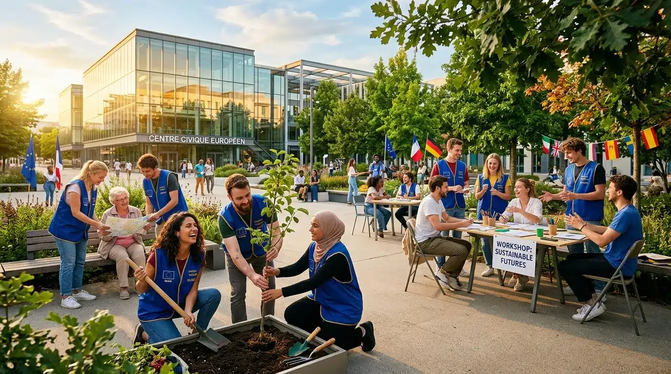 Jeunes volontaires au Centre Civique Européen plantant arbres ensemble