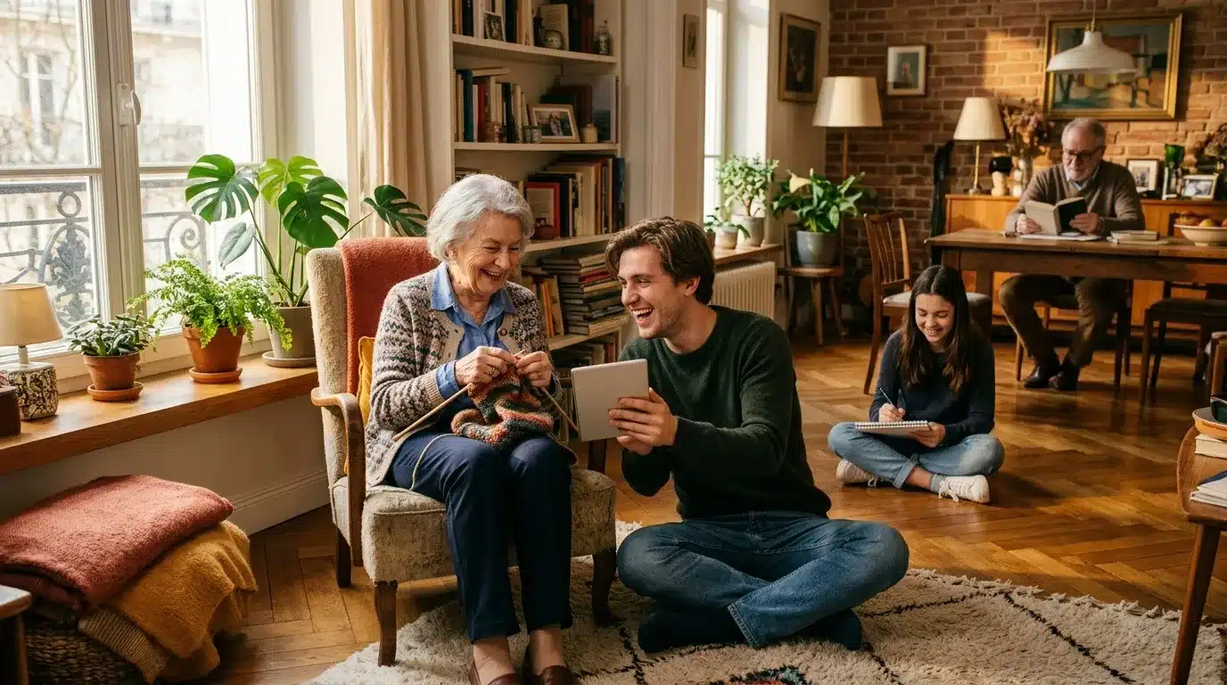 Grands-parents et petits-enfants utilisant tablette ensemble