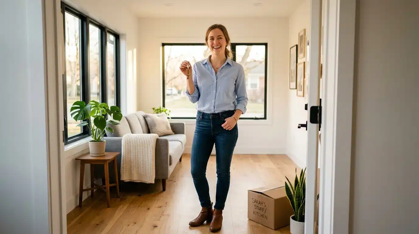 Femme souriante tenant des clés devant son nouvel appartement
