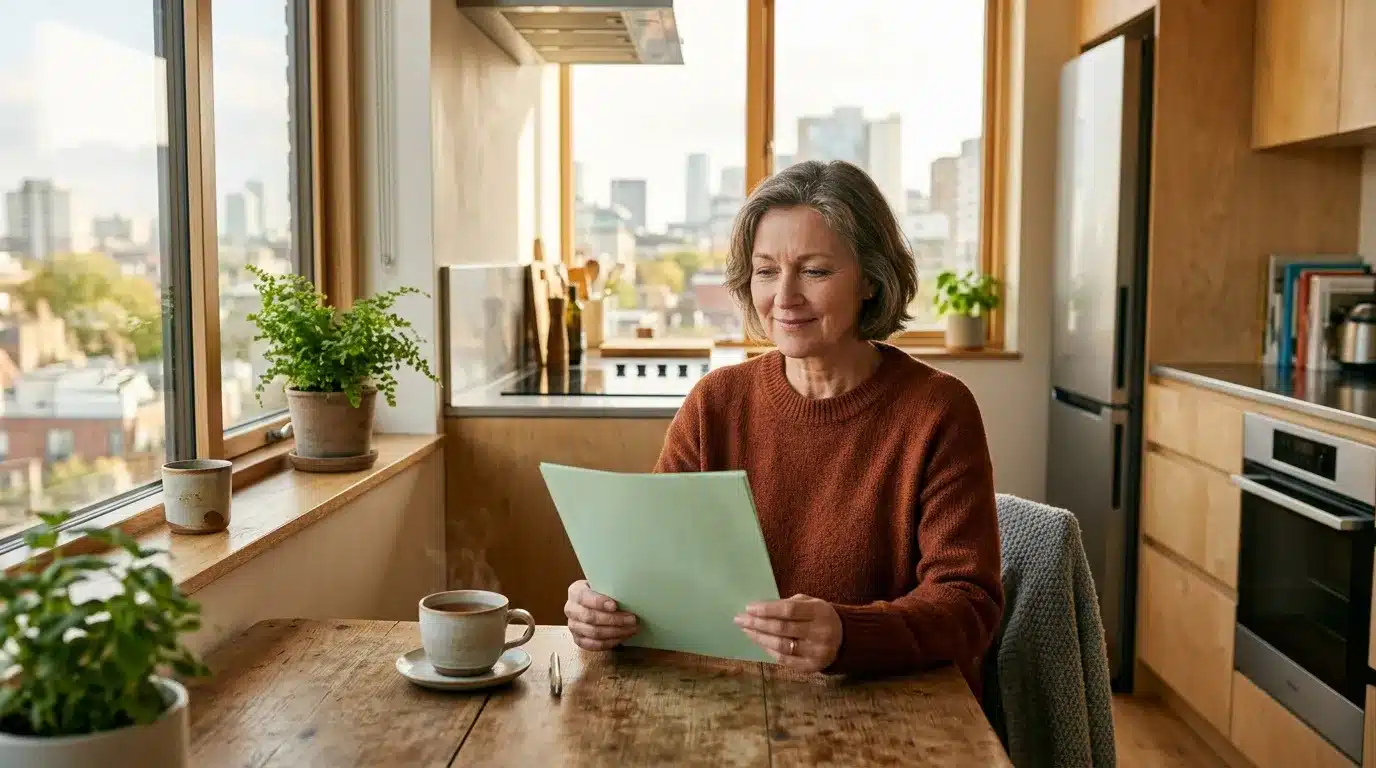 Femme avec tablette dans cuisine moderne, vue ville