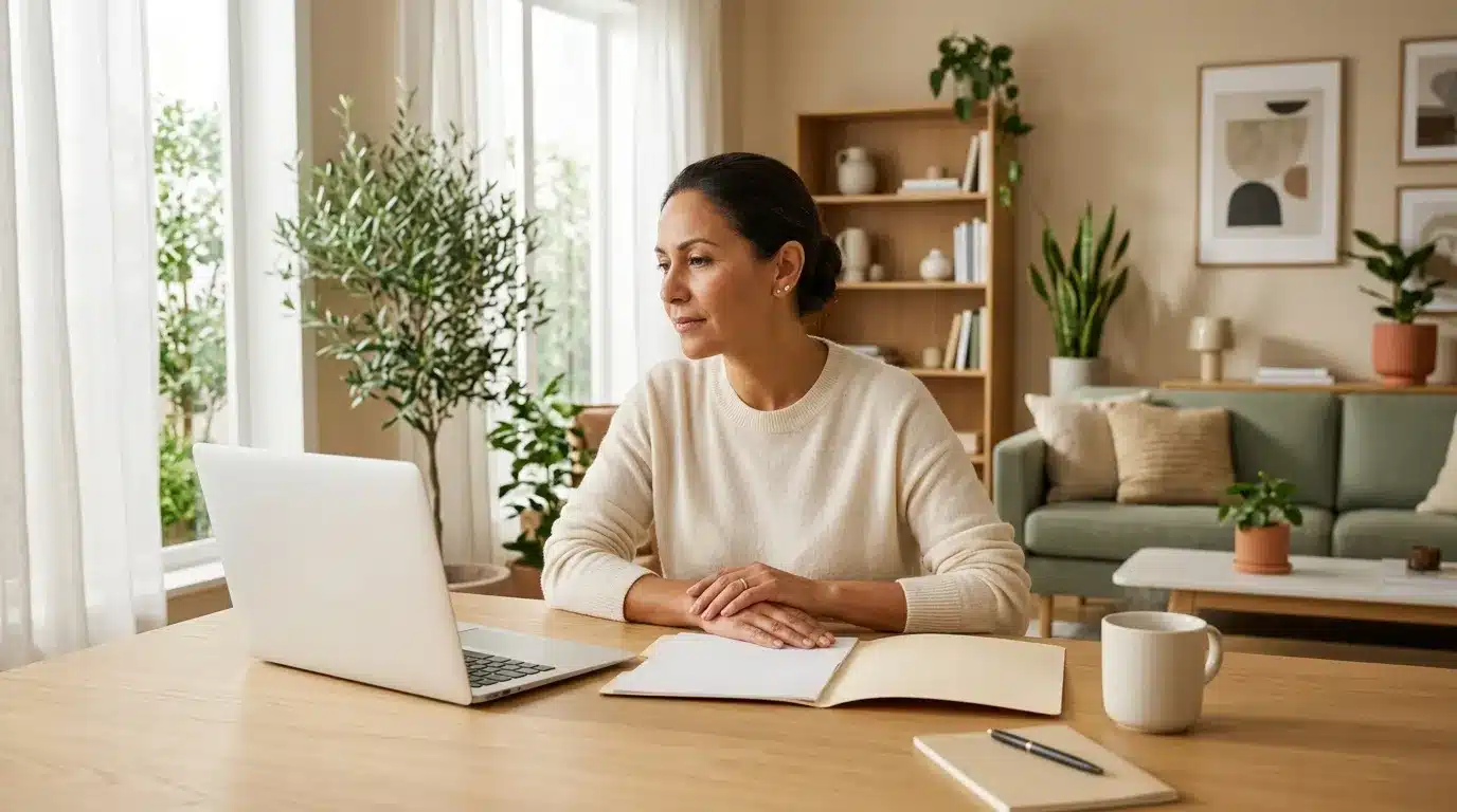 Femme au bureau avec laptop dans un intérieur végétal lumineux