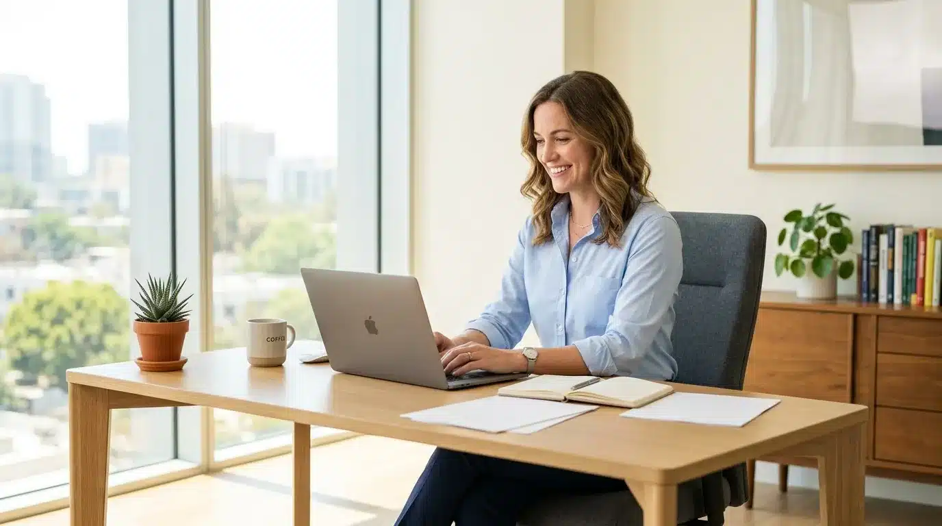 Femme souriante travaille sur ordinateur portable dans bureau lumineux