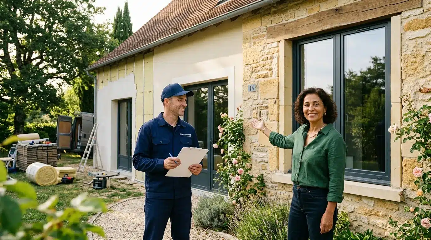 Ouvrier et propriétaire discutent devant maison en rénovation